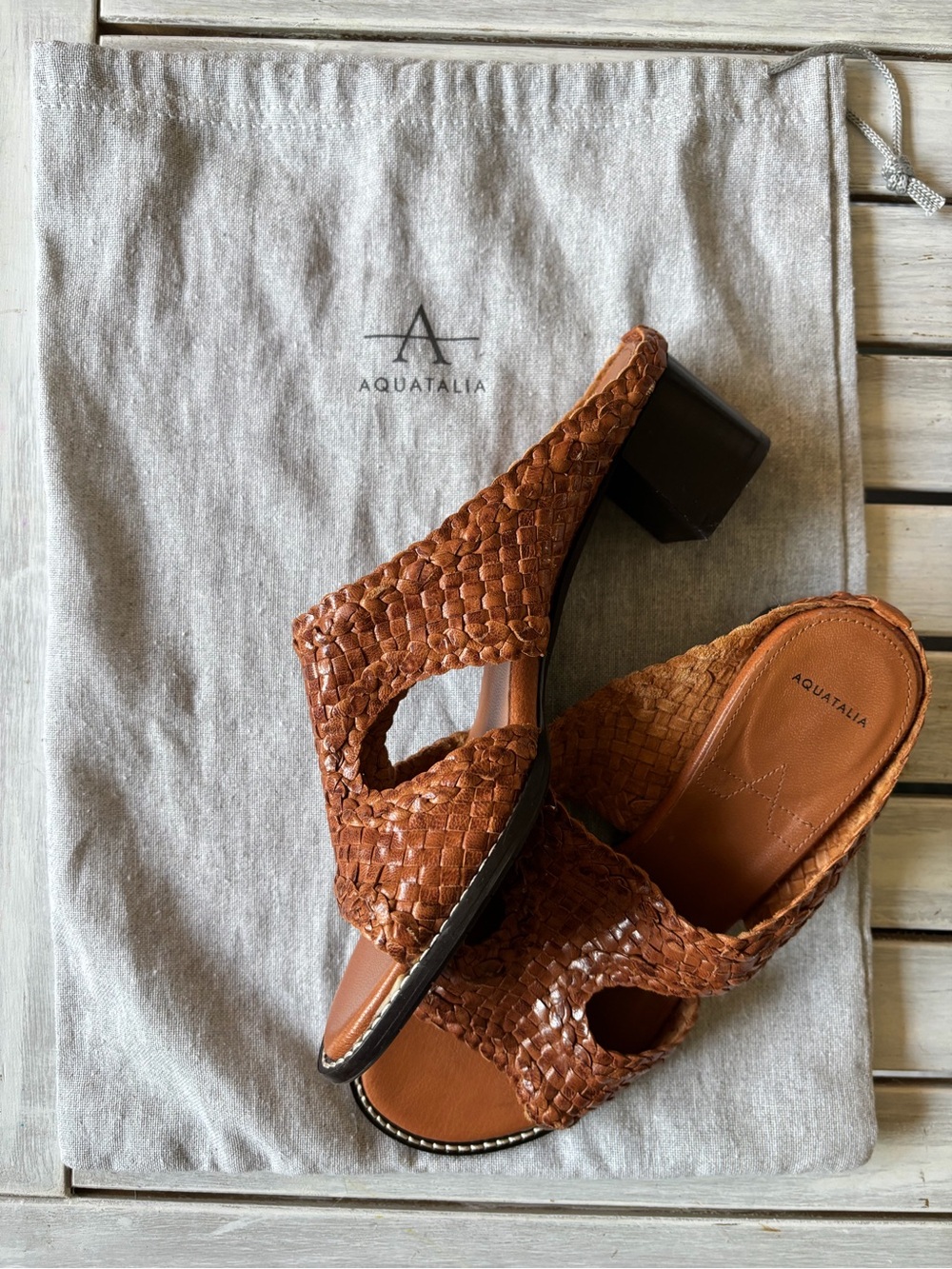 Aquatalia Brown Woven Leather Block Heel Mule Sandals 6.5 Italy - Picture 3 of 11